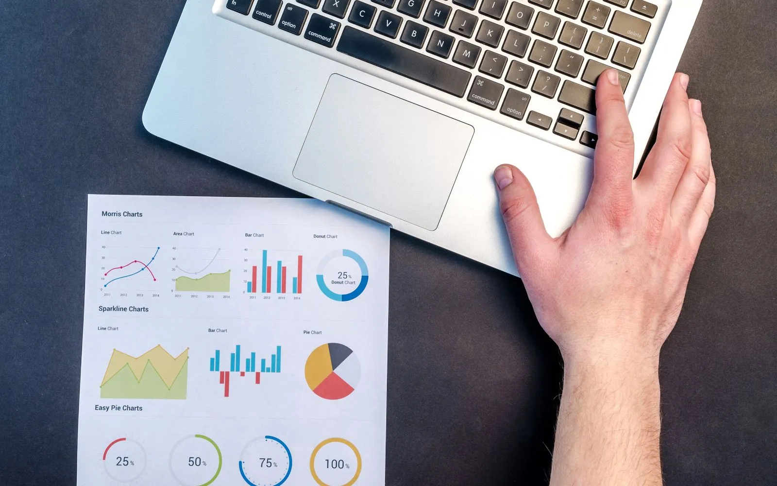 Overhead view of a business workspace with a laptop and colorful data charts on paper.
