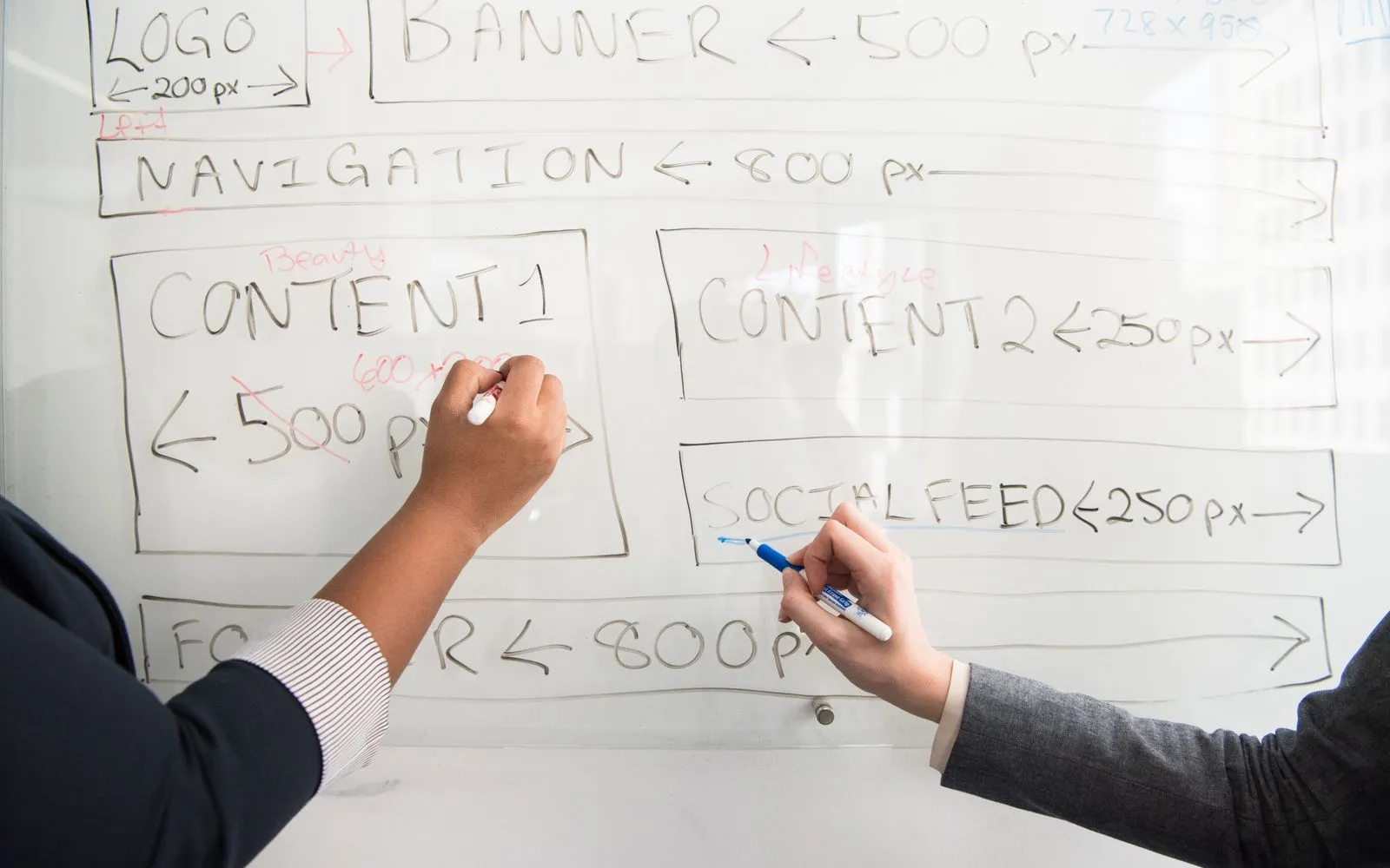 Two people collaboratively planning on a whiteboard with creative strategy.