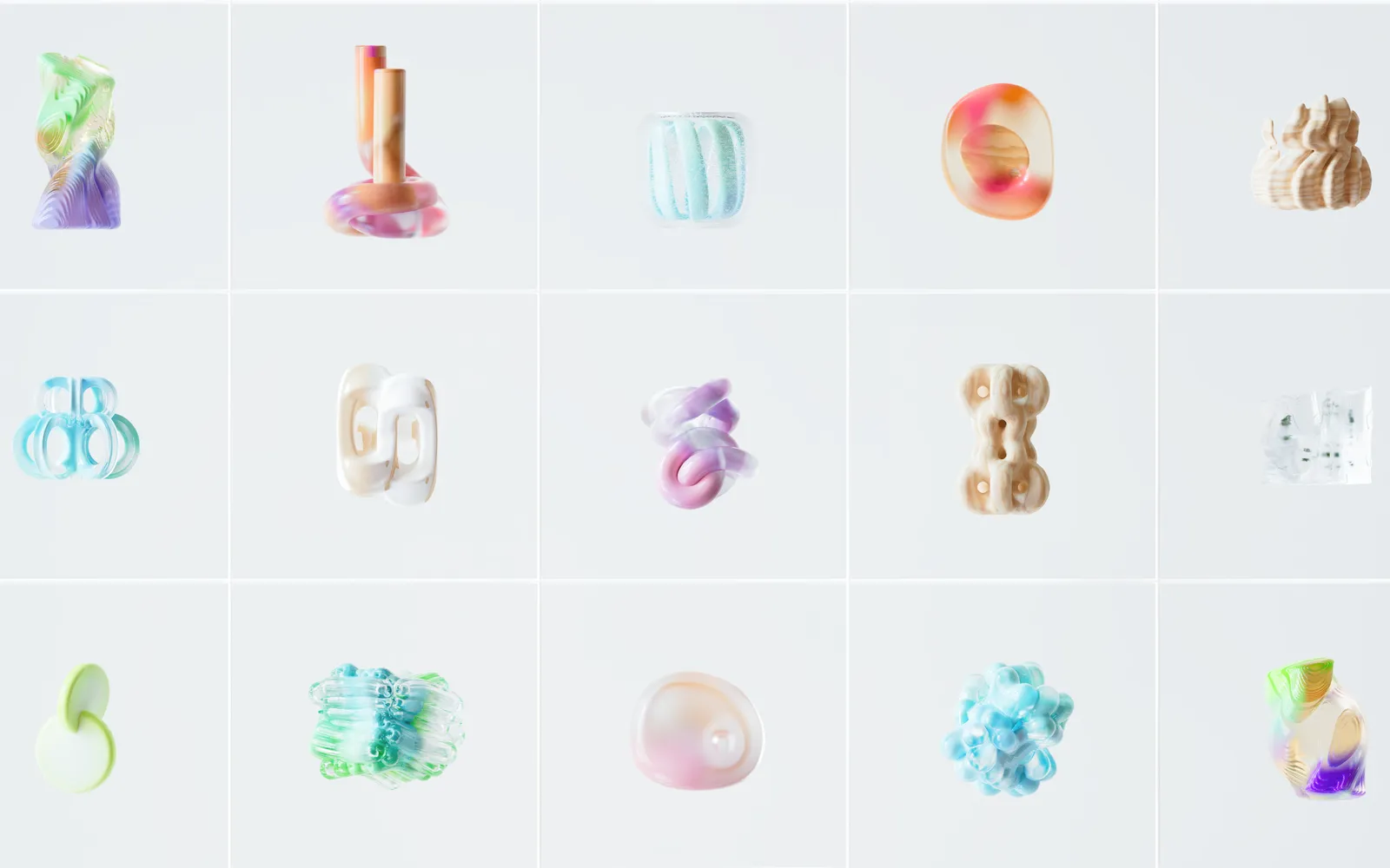 Collection of abstract 3D rendered organic shapes in soft pastel colors.