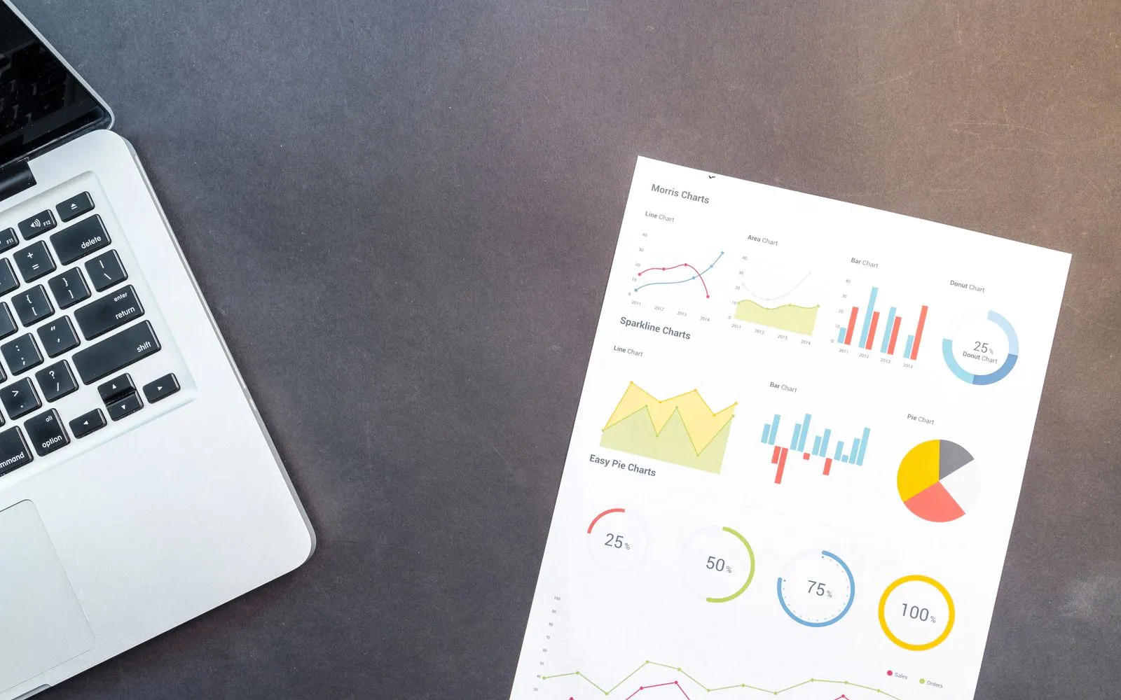 Modern desk setup with a laptop and analytical charts showcasing data interpretation and business analysis.