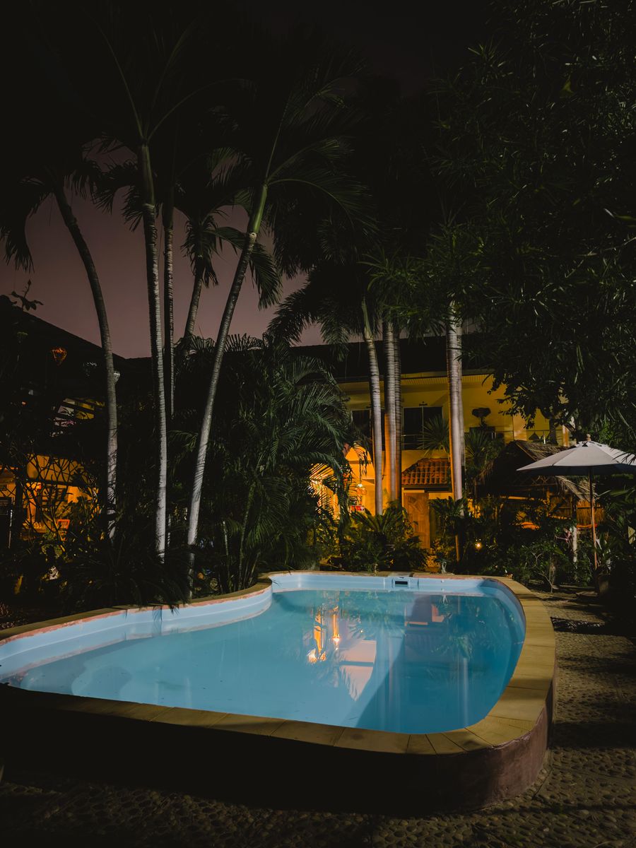 A villa at night, its pool lit, with tall palms in front